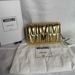 Moschino Couture Metallic Gold Quilted Clutch New